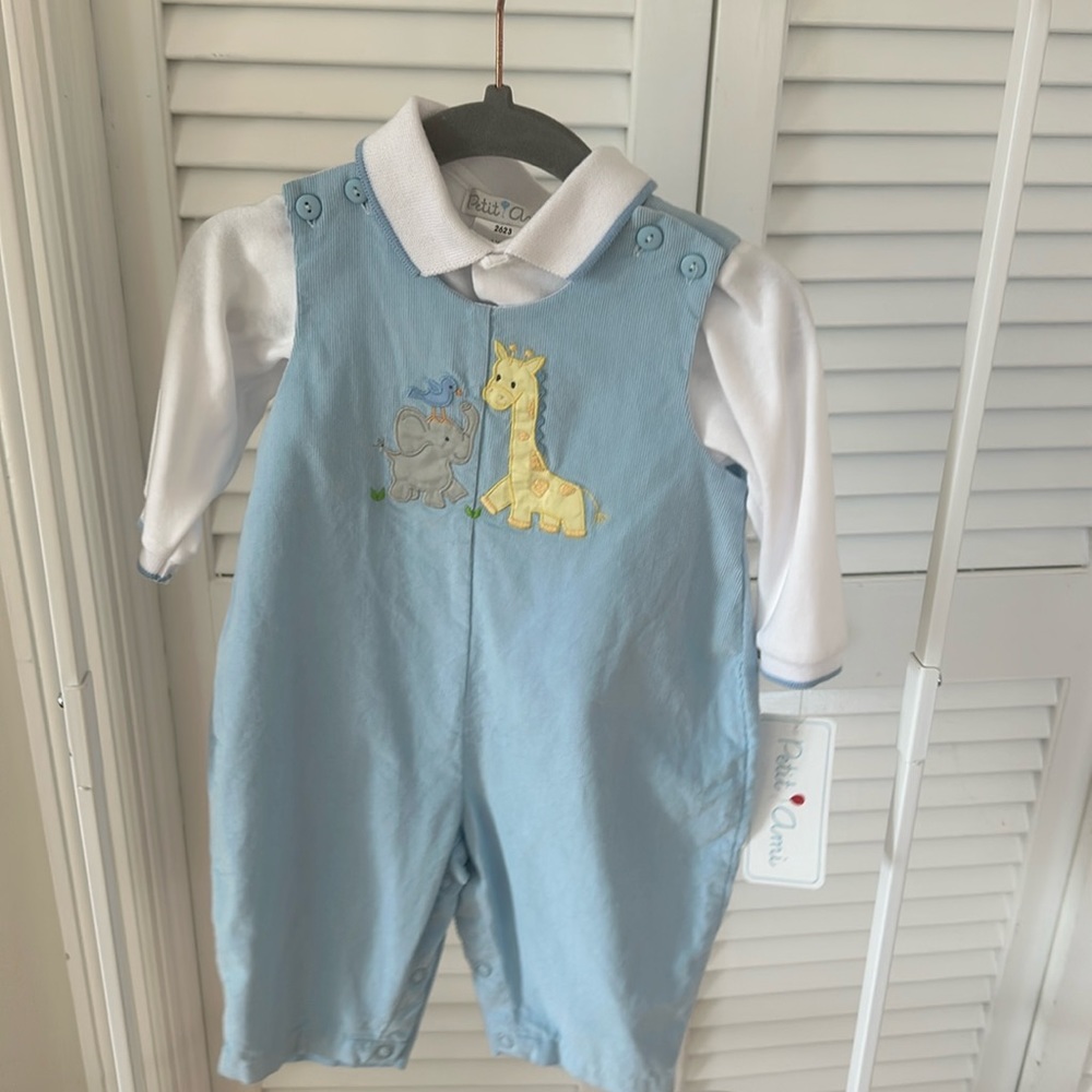 Petit Ami- Blue Corduroy Giraffe, Elephant, & Bird Longall sz 6 months